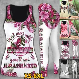 T-Shirt Kadın Moda Sanatı 3D Baskılı Baskılı Baskılı Tespit Tanktop Delik Gömlek Kolsuz İçi Boş Dış Tank üstü ve yüksek bel leggin Suit XS8XL