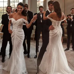 Vestidos de casamento sereia brilhantes fora do ombro vestidos de noiva com lantejoulas rendas nas costas roupões de mariee