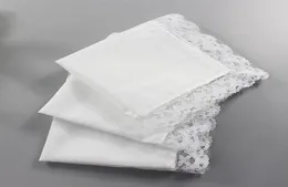 12PCS 23 25CM Cotton Ladies Handkerchief Pure White Handkerchief Small Square with Lace8613136