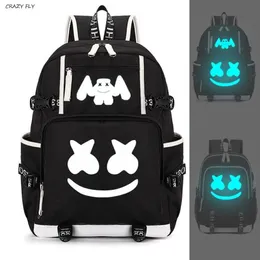 Marshmello Luminous USB Laptop Ryggsäckar American Mystery DJ Student School Bag For Teenagers Men Women Girls Boys Book Bags New245G