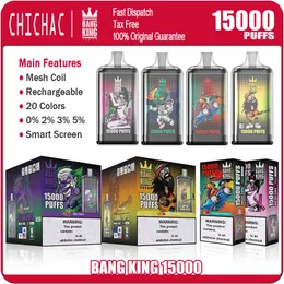 Bang King Puff 15K Vapes Descartáveis Box 15000 Puffs Mesh Coil Cigarros Eletrônicos Recarregáveis 25ml Pod Pré-cheio 0% 2% 3% 5% 20 Sabores Vapers