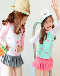 Children Two Pieces Suit Without Cap Girl Long Sleeve Swimsuit Cute Flamingo Skirted Swimwear Bathing Suit3515878