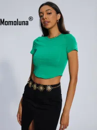 T-Shirt Momoluna Women Fish Bone Green Blu Short Crop Top Thirt S M Tshirt S M