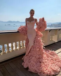 Muhteşem denizkızı balo elbiseleri spagetti 3d-floral aplike çıkarılabilir süpürme treni arka plansız fermuarlı özel yapım resmi parti gece elbisesi vestido de noite