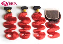 T1B Red Body Wave Ombre Brazilian Virgin Human Hair Weave Exteniony 3 wiązki z 4x4 Bielone węzły koronkowe zamknięcie z włosami dla niemowląt 4684823