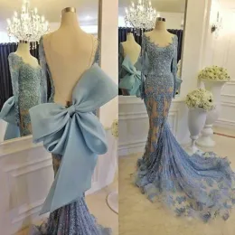 Abiye Sexy Long Mermaid Evening Dresses OCean Blue With Full Sleeves Backless Lace Evening Gowns Robe De Soiree Dubai Prom Formal Dress
