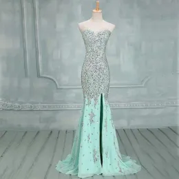 Elegante scollo a cuore sirena menta abiti da ballo spacco laterale in rilievo pietre sier abiti da sera scintillante sexy abito formale lungo spettacolo personalizzato