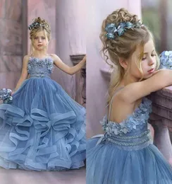 Dusty Blue Spaghetti Straps Tulle Flower Girl Dresses Lace 3D Floral Appliques Tiered Ruffles Girls Pageant Dress Kids Birthday Pa3840144