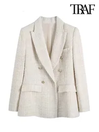 ONKOGENE Frauen Mode Tweed Zweireiher Blazer Mantel Vintage Langarm Patten Taschen Weibliche Oberbekleidung Chic Veste Femme 240305