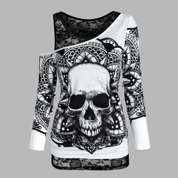 Goth Dark Streetwear Top Spitze Sexy T-shirt 2PCS Set Gothic Ästhetischen Schädel Gedruckt Langarm Rundhals Tops Halloween 240229