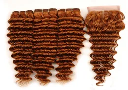 30 Light Auburn Deep Wave Bundles med stängning Virgin Brasilianska Human Hair Weaves 3 Bundle -affärer med spetsstängning 4x4 PART4232763
