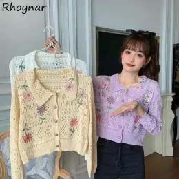 Cardigans cardigan feminino estilo japonês vintage verão fino macio flor bordado recortado camisola malhas casual preppy meninas doce