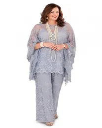 2022 Silver Lace Mother of the Bride Pant Suits Långa ärmar Tre stycken Formell plus -storlek Gray Groom Mother Women Gästklänningar F1183356