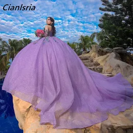 Liliowe brokat krystalicznie długie sukienki quinceanera sukienki balowe cekinowe aplikacje koronkowe gorset vestidos de 15 anos