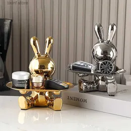 Obiekty dekoracyjne figurki rzeźba ceramika kolorowe posiłek pudełko do przechowywania królików domowy salon do przechowywania taca dekoracyjna posąg króliczka ornament t240309