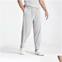 Calças masculinas plissadas casual reta-perna harem calças na moda solta e confortável nove pontos correndo entrega vestuário masculino dhe0u