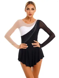 Palco desgaste mulheres brilhantes strass vestido de patinação no gelo manga longa ginástica collant tutu saias ballet lyrical dança desempenho