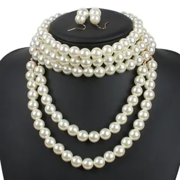 Wedding Necklace Earring Bracelet Statement Collar African Pearl Beads Necklace Set 2457