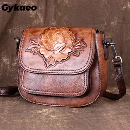 Gykaeo bolsa de ombro feminina vintage, de alta qualidade, tipo mensageiro, lazer, pequena, em relevo, couro genuíno, floral, 240229