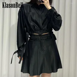 Vestidos de trabalho 1.10 klasonbell manga longa com cordão jaqueta plissada saia curta 2 peça conjunto moda casual roupas femininas 2024 primavera