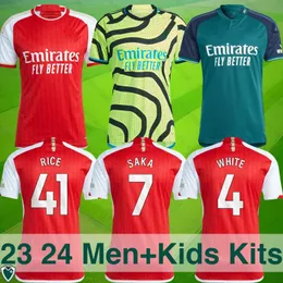 23 24 Gunners Soccer Jerseys -Rice, Saka, White Edition. 팬을위한 프리미엄 - 홈, 멀리, 세 번째 키트, 키즈 컬렉션. 사용자 정의 이름, 번호