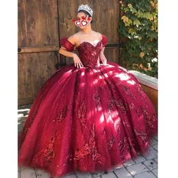 Bling Bling Burgundy Sequins Quinceanera Elbiseler 2021 Mütevazı Tatlı 16 Doğum Günü Partisi Balo Elbise Debutante Elbise Vestidos306K