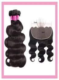 Peruwiańskie ludzkie włosy 13x6 koronkowe frontal z 3 wiązkami fali ciała 4PCS Virgin Hair wątwa 13 na 6 przednich przednich kolorów 58880785