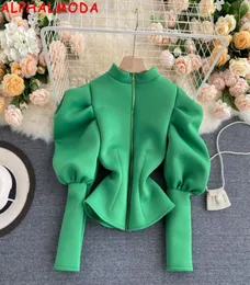 ALPHALMODA New Stylish Puff Sleeve Zipper Cardigans Women Trendy Bubble Sleeve Slim Fit Fashion Solid Jacket Cute Outfit7112379