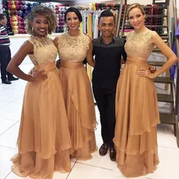 2021 champanhe longo vestidos de dama de honra para casamento rendas e chiffon sem mangas dama de honra vestidos sul africano barato dama de honra 185w