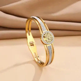 Bracciale rigido da donna con albero della vita cavo a molla incorporato in cristallo di fango, bracciale in oro 14k