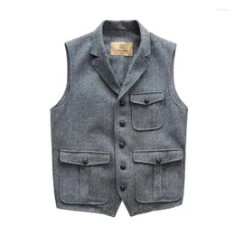 Men's Vests Steampunk Vest Formal Jacket Tweed Vintage Blue Suit Male Springs Plaid Herringbone Waistcoat For Men Dress Wedding