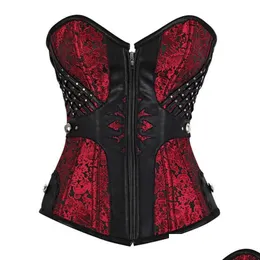 Bustiers Corsets Red Mesh Y Steampunk Bustier Gothic Plus Size Zipper Lace up Boned Overbust Bodice WaistトレーナーコルセットドロップDhaqh