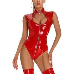 T-Shirt Women Sexy Zipper Open Crotch Shiny Leather Tank Bodysuit Hot Porn Open Breast Exposing Wetlook Latex Leotard Sleeveless Sexi