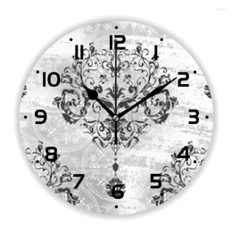 Wall Clocks Elegant Silver Gray Damask Pattern Clock Old Vintage Baroque Living Room Kitchen Watch Acccessories Bedroom Home Decor