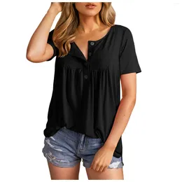 Kvinnors T-skjortor Knapptoppar Kort ärm Summer Sticked Casual Flowy Bluses T-shirts för kvinnlig modelös krage
