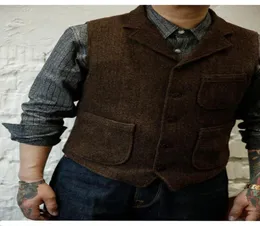 Farm Wedding Dark Brown Wool Herringbone Tweed Vests Custom Made Groom Vest Slim Fit Mens Dress Suit Vest Prom Wedding Waistcoat P8424703