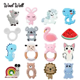 5pcs food grade silicone baby teether teething toy pendant bear rabbit cat dinosaur beads DIY hippo lion chew 240226