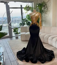Czarne sukienki wieczorne syreny błyszczące złota cekinowa cekinowa koronka Aso ebi kobiety formalne suknie imprezowe jedno ramię w długim rękawie Specjalna okazja Sukienka na bal