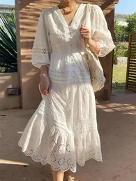 Vestidos casuais gypsylady francês chique bordado para mulheres algodão branco floral manga longa oco para fora vocação senhoras vestido em camadas