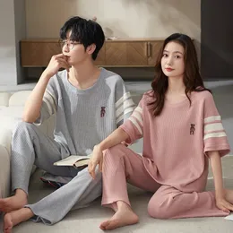 Cotton Short Sleeping Tops Long Pant Sleepwear For Par Korean Fashion Nightwear Men Pijamas Women Pyjamas Set PJS 240307