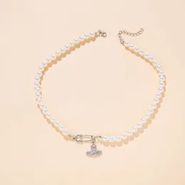 Viviennes Westwoods Chokers Cool Classic Pearl Pin Necklace Saturn CollarBoneチェーンハイエンドネックチェーン