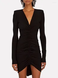 Casual Dresses Sexy V-neck Wrinkled Slim Womens Temperament Elegant Black Long-sleeved Package Hip Dress 2024 Spring