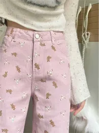 Jeans da donna Donna Simpatico modello di orso rosa Jeans dritti Donna Estate Tasca a vita alta Jeans a figura intera Gambe larghe Fondo a campana micro J240306