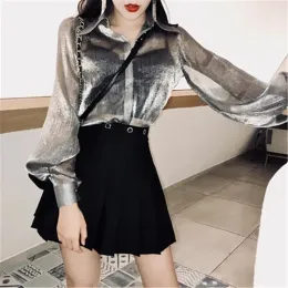 Camicie 2018 Nuove donne di moda Camicie Elegante argento Camicetta di chiffon Manica a sbuffo Top di alta qualità Moda Mujer Chemises Femme ZZ584