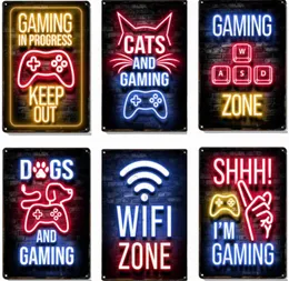 Pintura de metal Gamepad Metal Poster Neon Light Glow Lettering Decorativo Tin Sign Game Room Wall Art Plaque Modern Home Aesthetic 8 X 12 Inch T240309