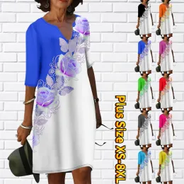 Klänning 2023 Summer V Neck Casual Gradient Print Soft Spring Half Women's Stylish Refreshing Kne Length Sleeve Dress Halfsleve kjol
