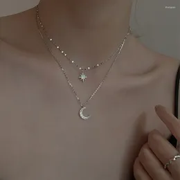 Pendant Necklaces Korean Fashion Double Layer Simple Stars Choker Necklace For Women Shiny Zircon Moon Pendants Girl Gift Accessories