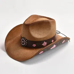 Basker halmvävning broderi västerländsk cowboy hatt för män kvinnor vintage cowgirl jazz panama strand sol