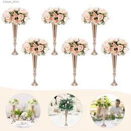 Vase 6PCS Metal Trumpet Vase Desktop Metal Large and Tall Vase Flower Holder Gold Metal Flower Luxury Decoration VaseセンターピースL240309