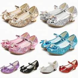 Girls Bow Princess Shoes Kids Toddlers Sandals High Heels Leather Wedding Party Dress Shoe With Sequin Upper Children Dance Performance Sandal y3Vb#